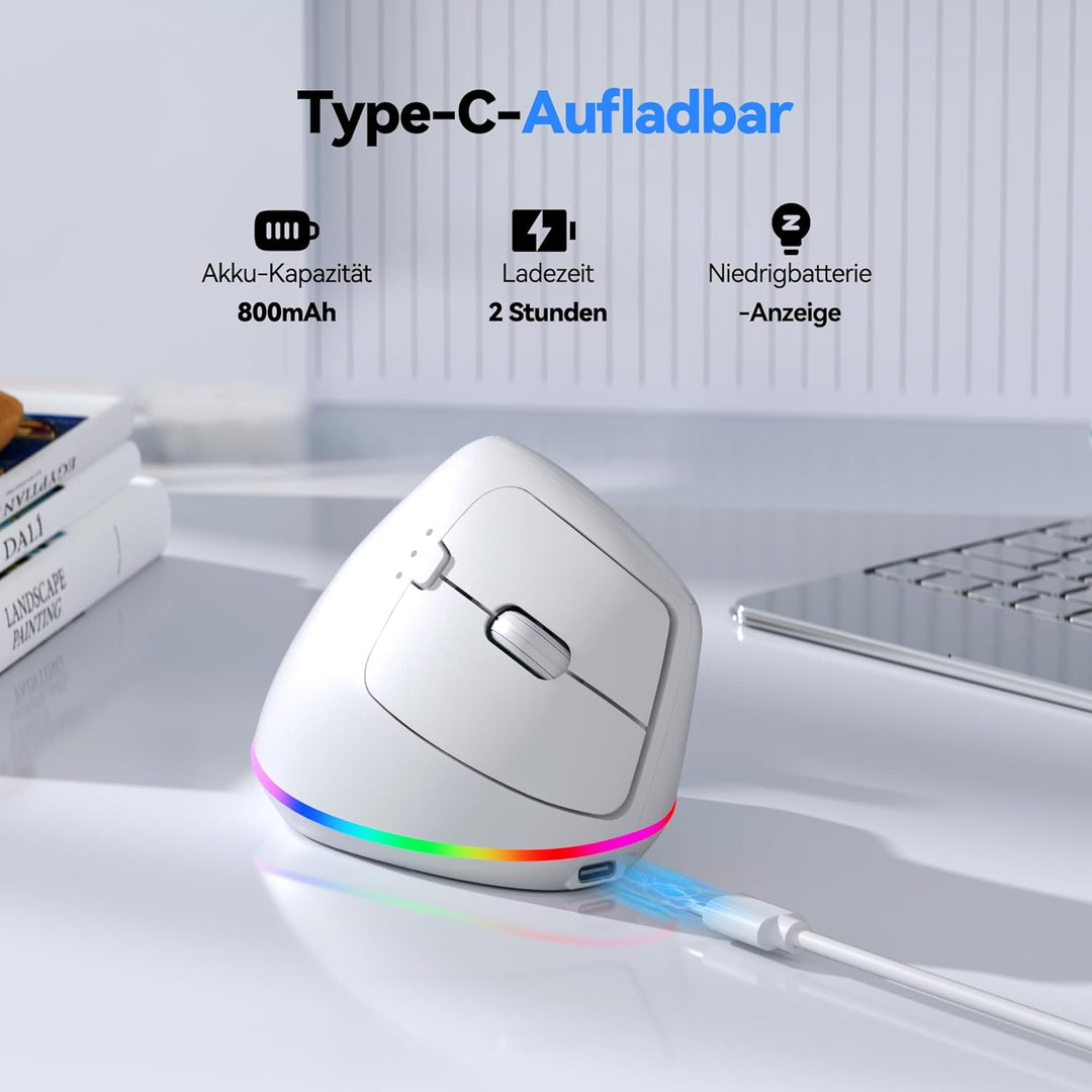 TECKNET Vertikale Ergonomische Kabellos Maus, 2,4 GHz + Bluetooth, Wiederaufladbar Maus mit 4800 DPI