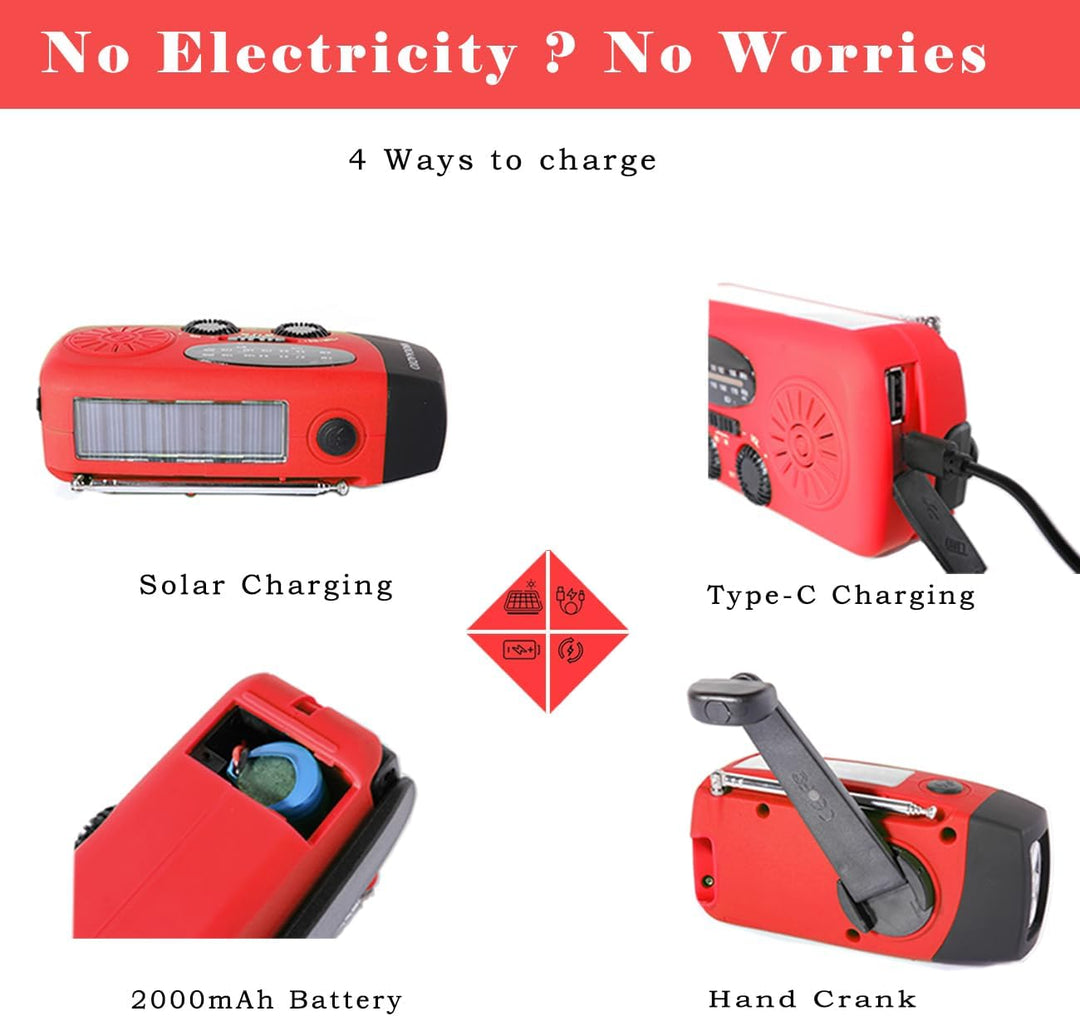 Notfall Solarradio, Kurbelradio wiederaufladbar 2000mAh Power Bank AM/FM Wetterradio mit SOS-Alarm,