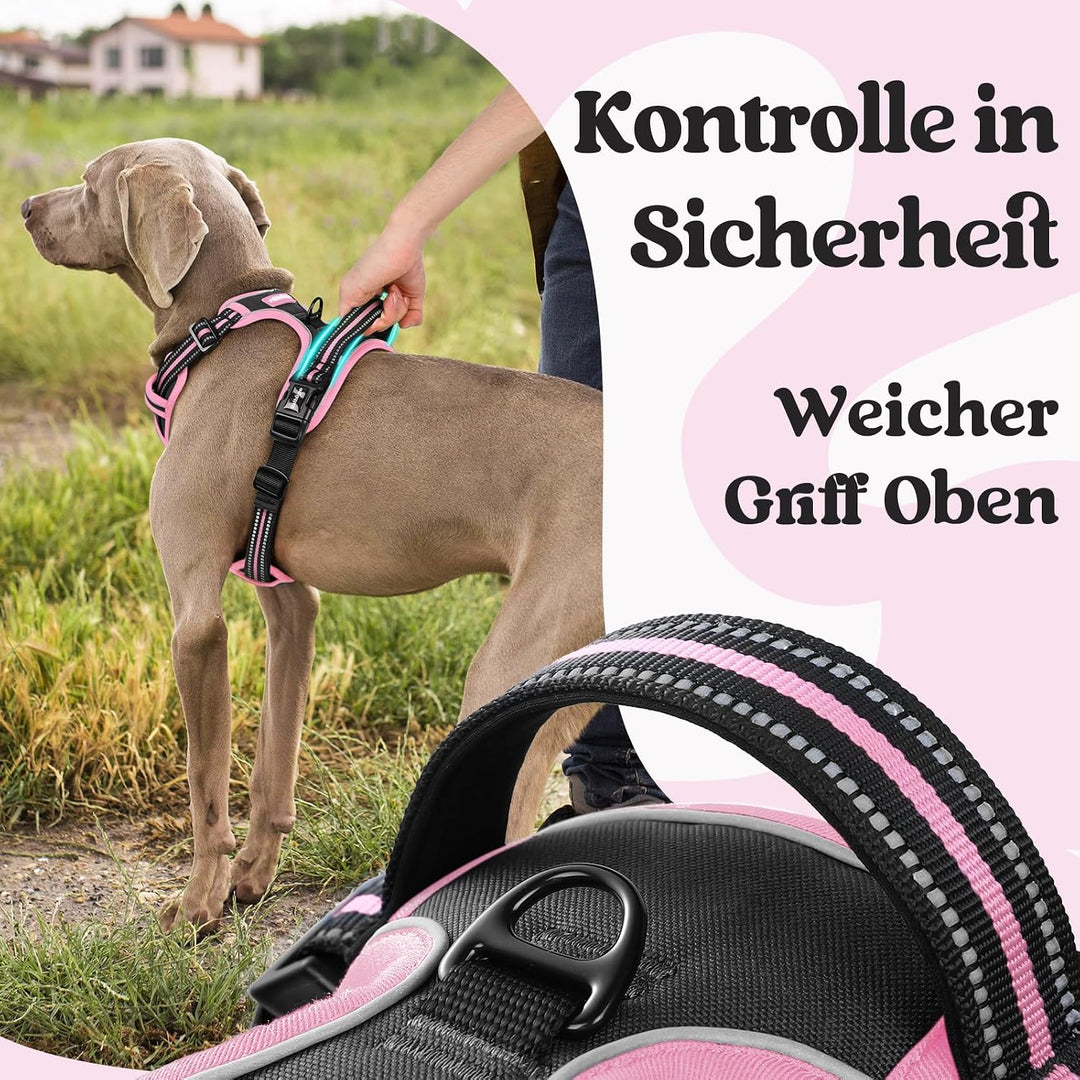 rabbitgoo Hundegeschirr Grosse Hunde Leichtes Anlegen, XL, Schwarz &amp; Rosa | Anti Zug, Ohne Kopfdurch