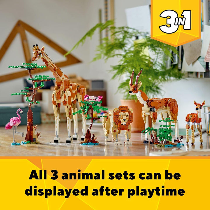 LEGO Creator 3in1 Tiersafari, Kreativ-Set mit Tierfiguren, Spielzeug-Giraffe, Gazellen und Löwe, Spi