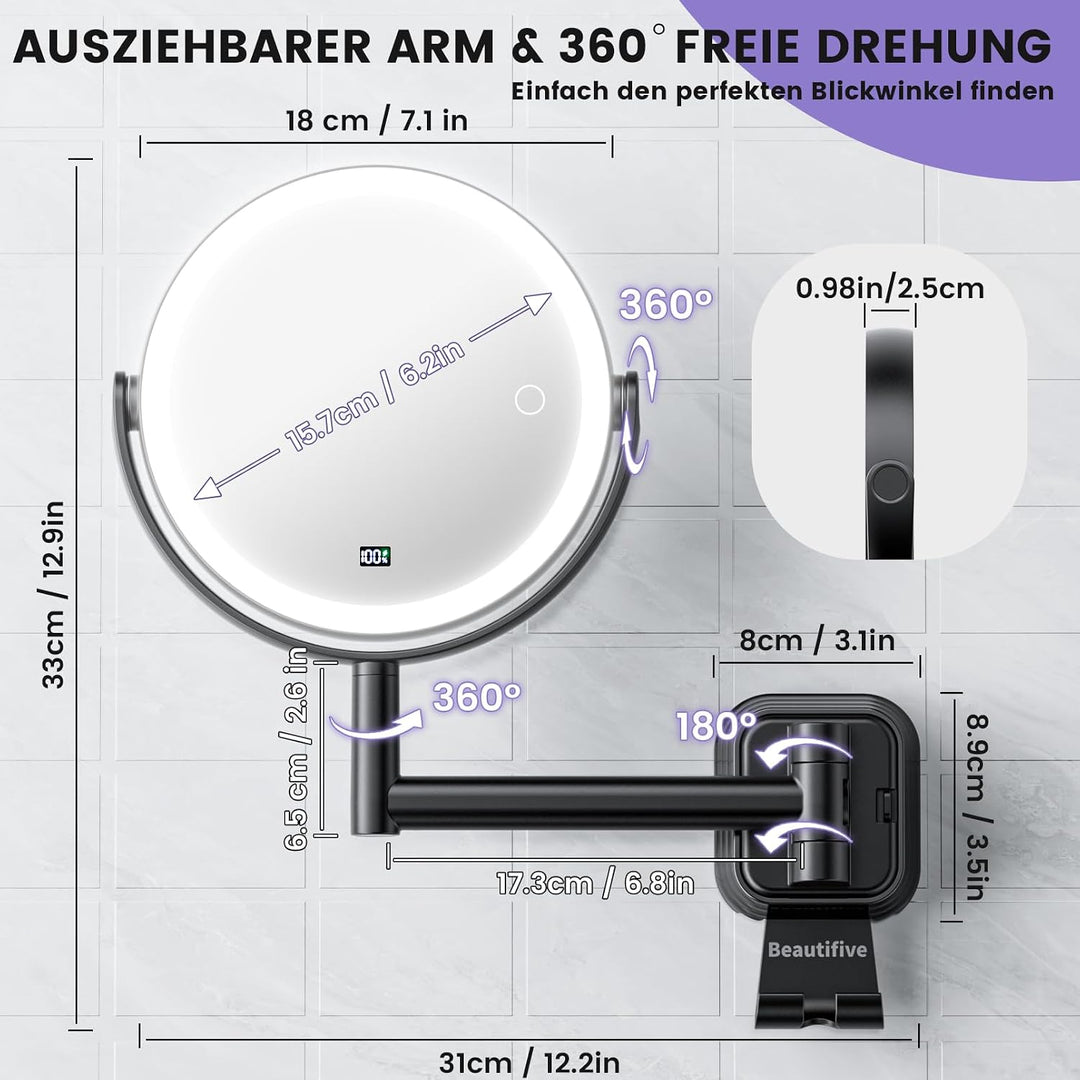 7” Wiederaufladbar Kosmetikspiegel Wandmontage, 1X/10X Schminkspiegel Silber, Silber