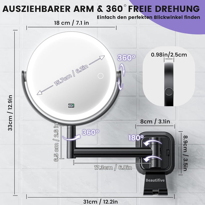 7” Wiederaufladbar Kosmetikspiegel Wandmontage, 1X/10X Schminkspiegel Silber, Silber