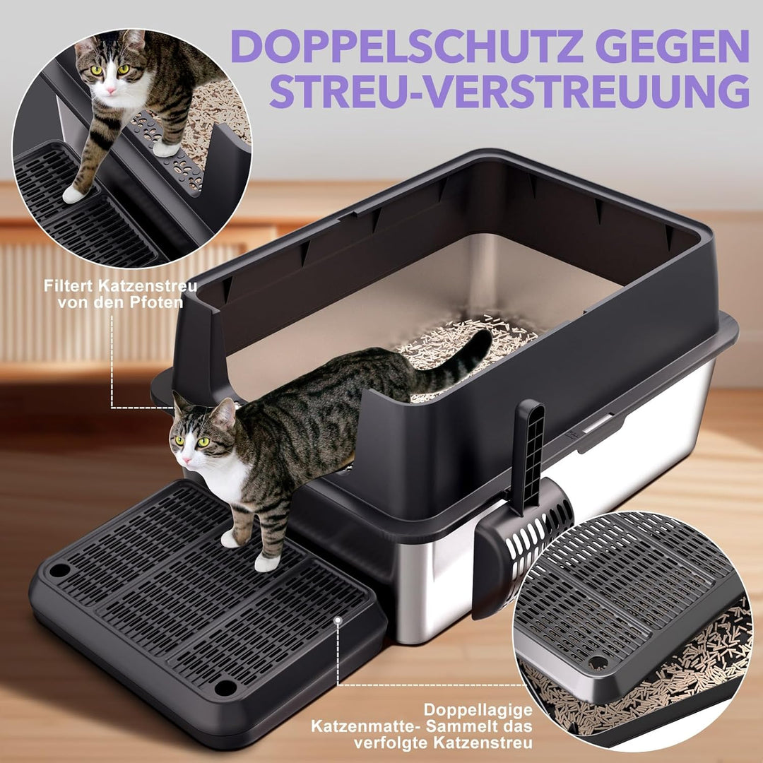 XXXL Edelstahl Katzenklo hoher Rand 70 × 50 × 30 cm 90 L offene Katzentoilette Edelstahl für grosses