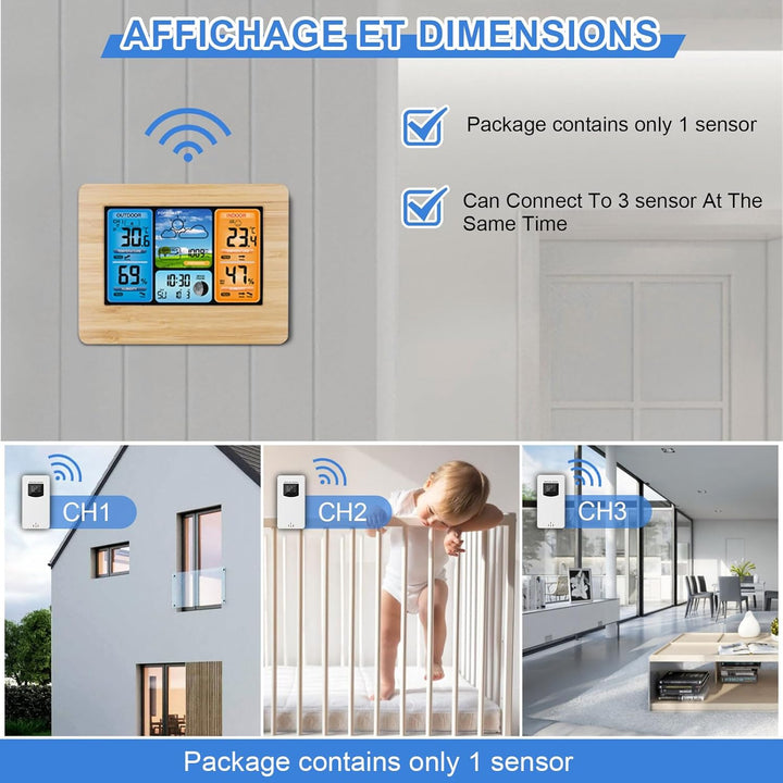 Viitech Wetterstation Funk mit Aussensensor, Grosses Farbdisplay Wireless Digital Wecker Barometer W