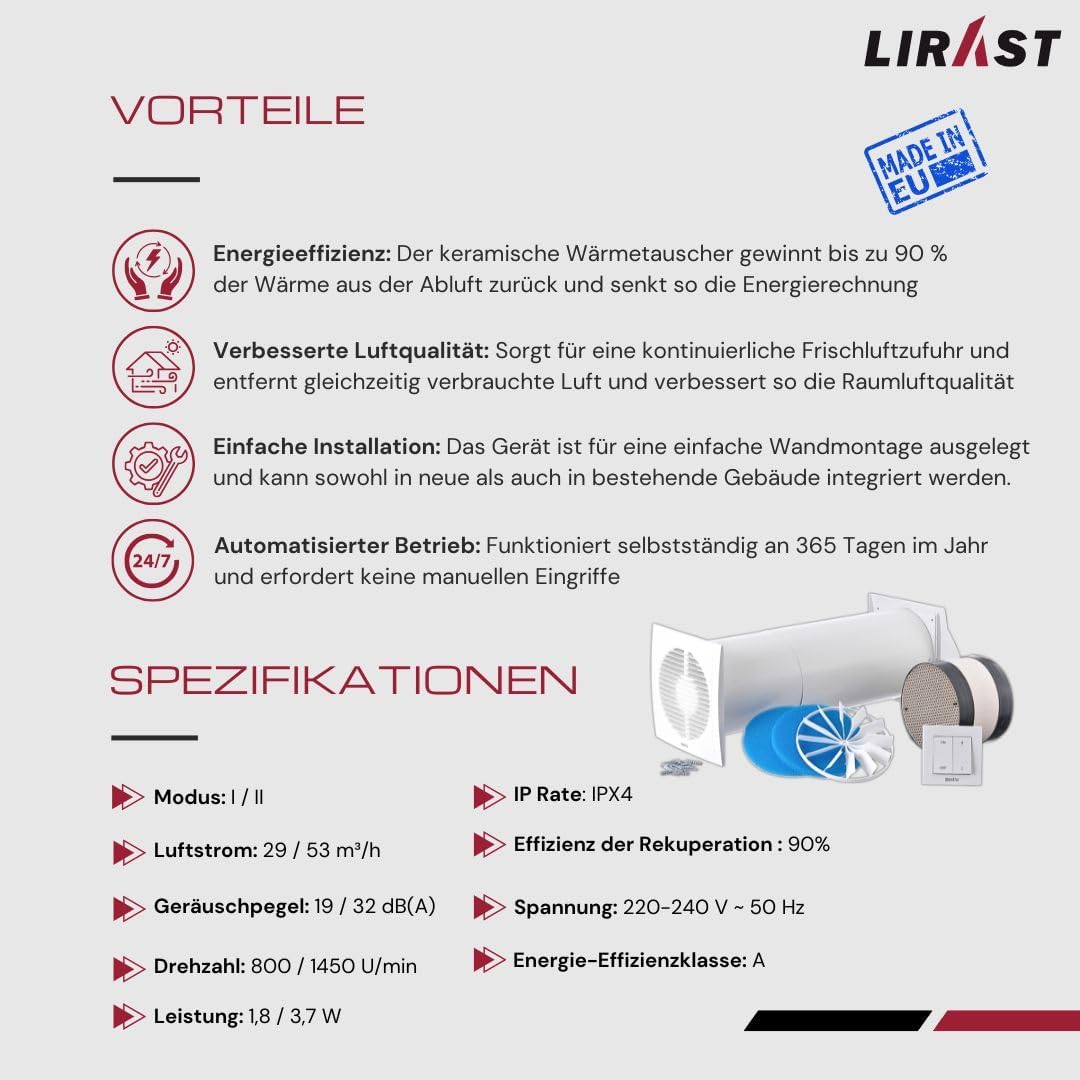 LIRAST Ø 150mm Dezentrale Wohnraumlüftung mit Wärmerückgewinnung - Mit Schalter Weiss Ø 150mm, Weiss
