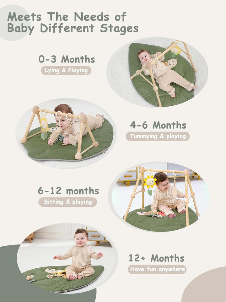 4 IN 1 Blatt Spielbogen Baby, Spielmatte Babies mit Natur Holz Activity Spielbogen, 3 abnehmbaren Sp