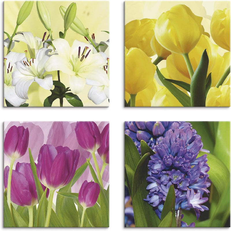 ARTLAND Leinwandbilder auf Holz Wandbild Bild Set 4 teilig je 20x20 cm Quadratisch Natur Blumen Bunt