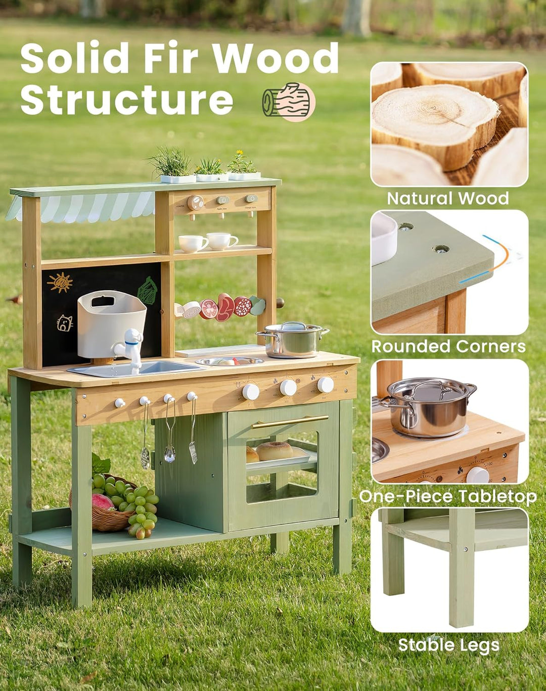 ROBOTIME Mud Kitchen Spielset für Kinder, Deluxe Outdoor-Holzküche mit funktionierendem Wasserhahn,