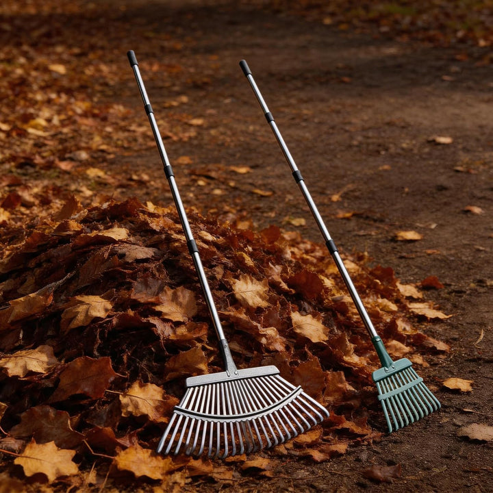 Rechen Garten,25+11 Zinken Laubrechen mit Stiel Metall, Verstellbarer Stiel (70-185 cm),Garten Laubr