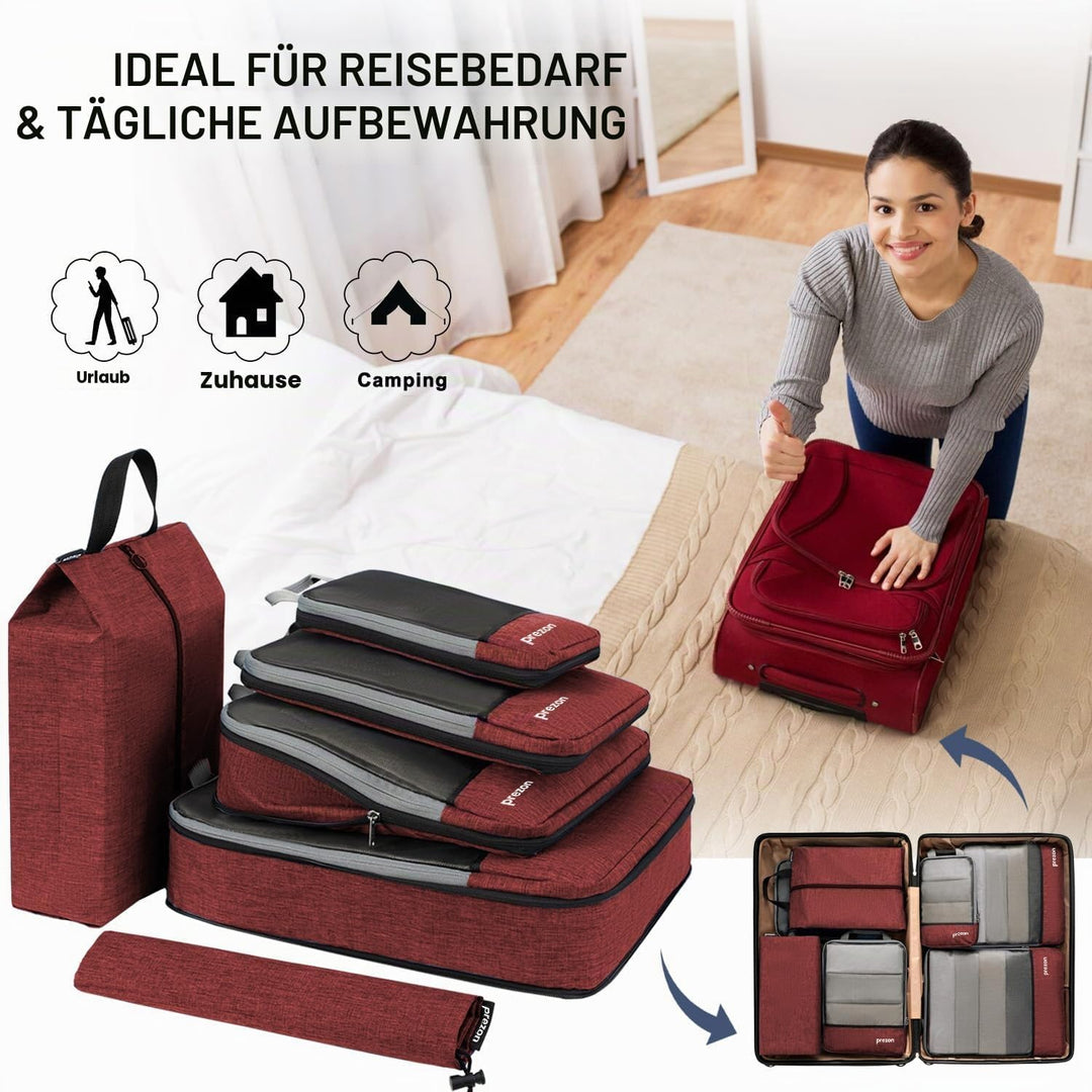 Prezon Komprimierbaren Packwürfeln mit Reiseschuhtasche und Wäschesack, Erweiterbarer Koffer-Organiz