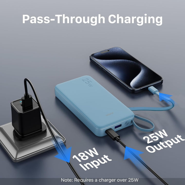 JUOVI Power Bank 10000mAh mit Kabel, 25 W Powerbank Klein Leicht, tragbarer Akkupack schnellladefunk
