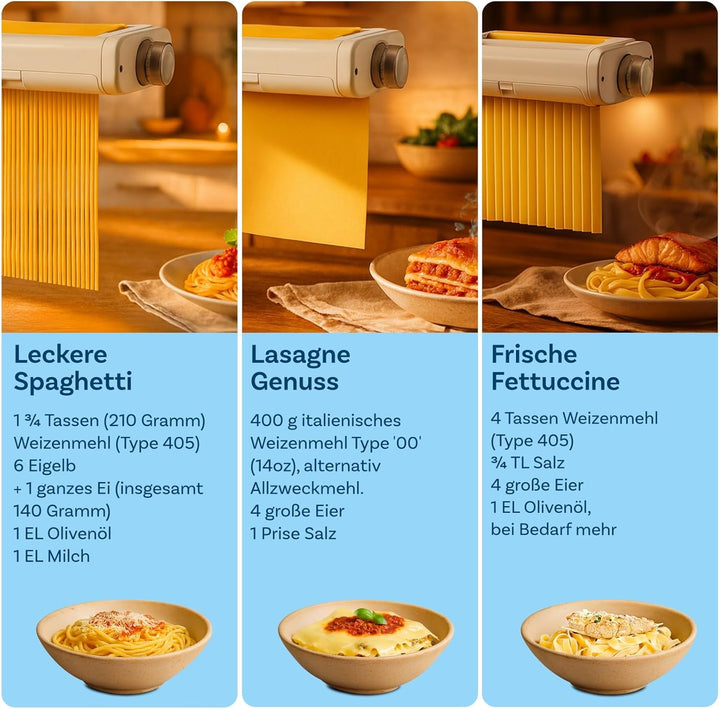 Nudelaufsatz für KitchenAid Küchenmaschine 3 Stück Set – Pasta Roller, Spaghettischneider & Fettucci