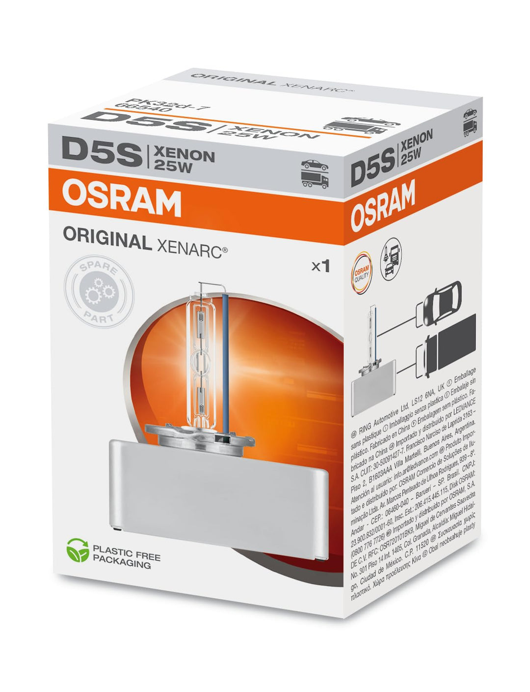OSRAM XENARC ORIGINAL D5S, Xenon Scheinwerferlampe, 66540, Faltschachtel (1 Lampe), Silber Faltschac