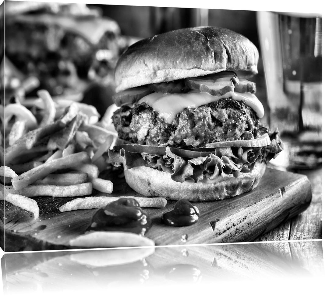 Pixxprint Saftiger Chili Cheese Burger als Leinwandbild/Grösse: 100x70 cm/Wandbild/Kunstdruck/fertig