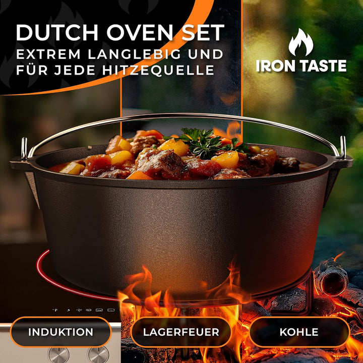 IRON TASTE Dutch Oven Set 4.5L - Eingebrannter Dutch Oven 4.5 Liter - Feuertopf Gusseiserner Topf mi