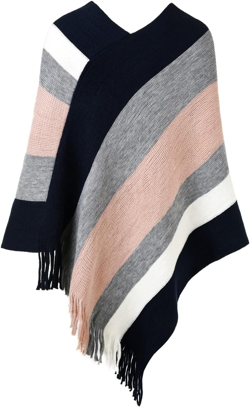 Ferand Damen Gestreifter Poncho Pullover Vielseitiger Schal zum Wickeln mit Fransen für Herbst und W