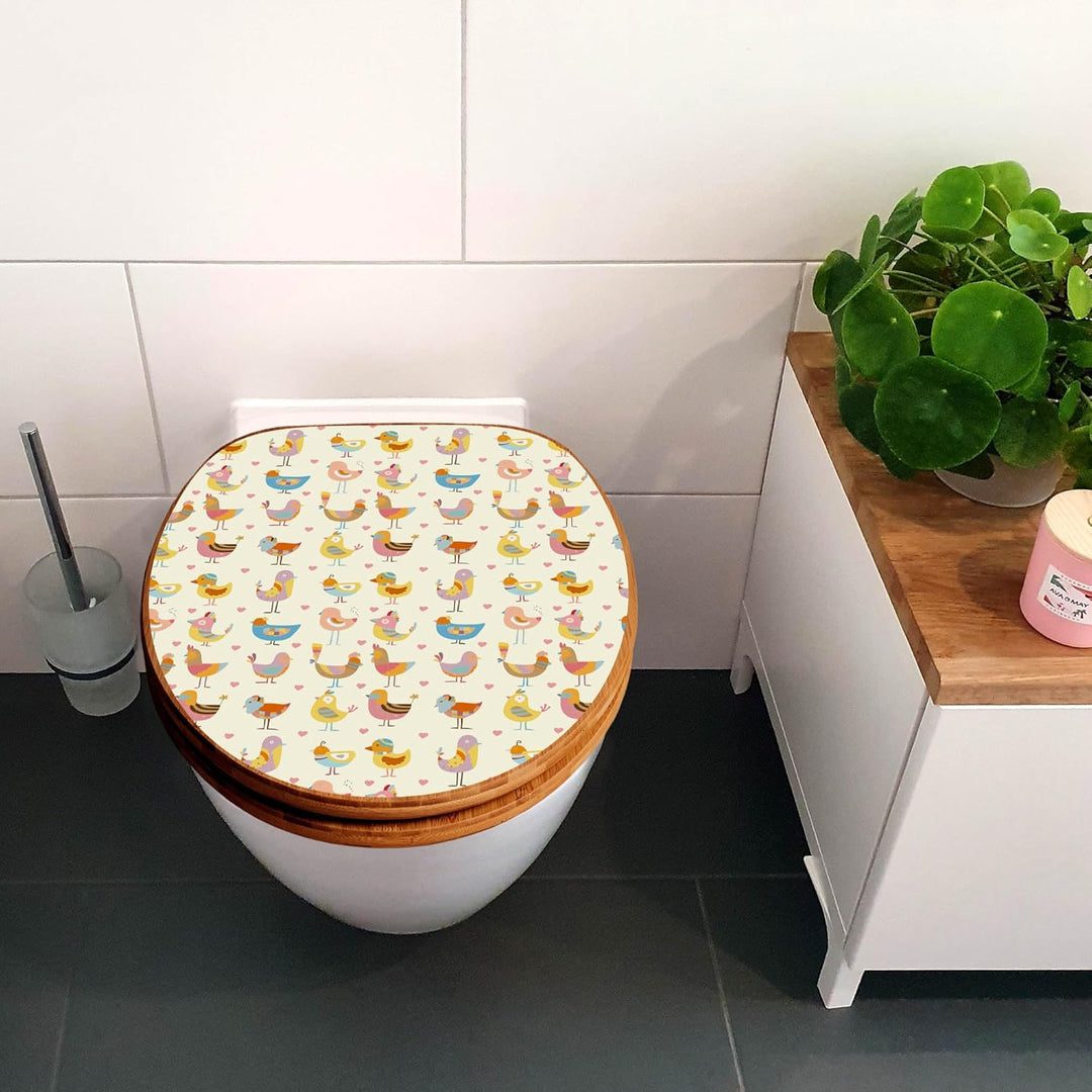 banjado® Design WC Sitz Bambus Absenkautomatik mit Motiv Lustige Vögel/Toilettendeckel mit Absenkaut
