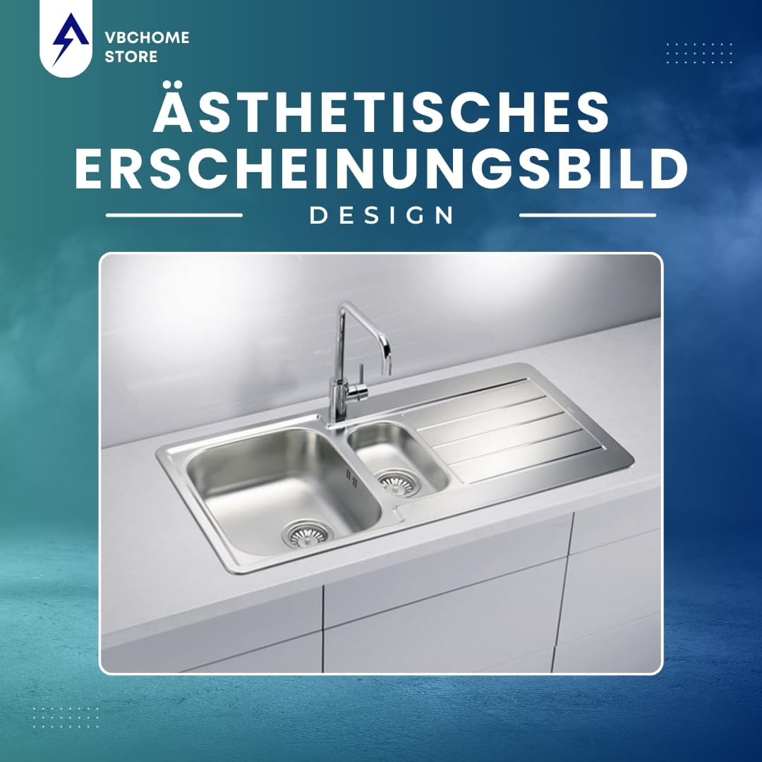 VBChome Einbauspüle 98 x 50 cm mit Hahnloch Abtropffläche Links Camping Küchenspüle - Satinstruktur