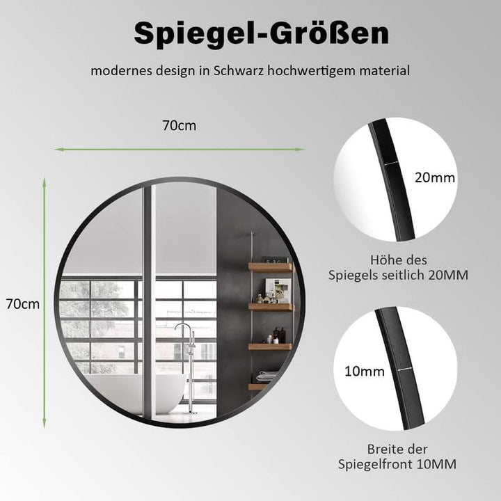 HY-RWML Wandspiegel Rund Schwarz 70cm Spiegel gross Badezimmerspiegel Badspiegel für Badezimmer Wasc
