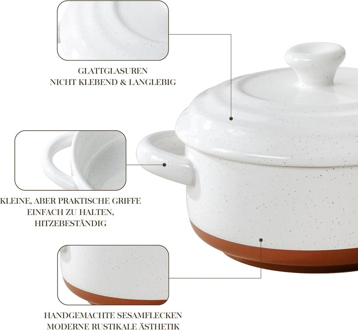 MALACASA Mini Cocotte Set 440 ml, 4 Stück Auflaufform Klein aus Steingut mit Deckel und Griffen, Kle