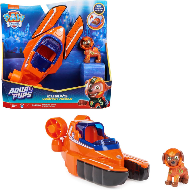 PAW PATROL, Aqua Pups - Basis Fahrzeug Spielzeugauto im Hummer-Design mit Zuma Welpenfigur, Spielzeu