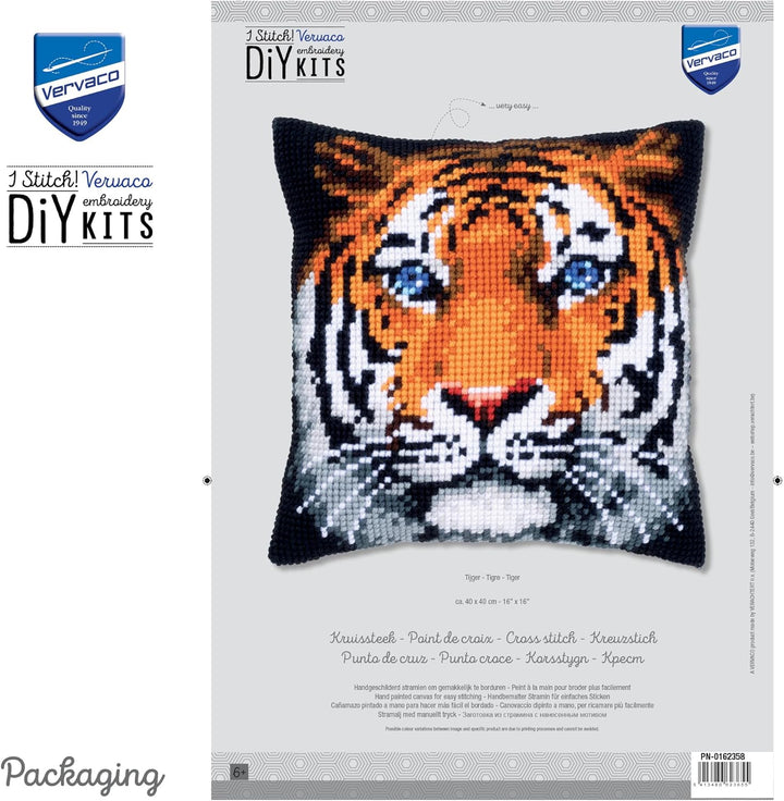 Vervaco Kreuzstichkissen Tiger Kreuzstichpackung, Stramin, Weiss, 40 x 40 x 0,30 cm