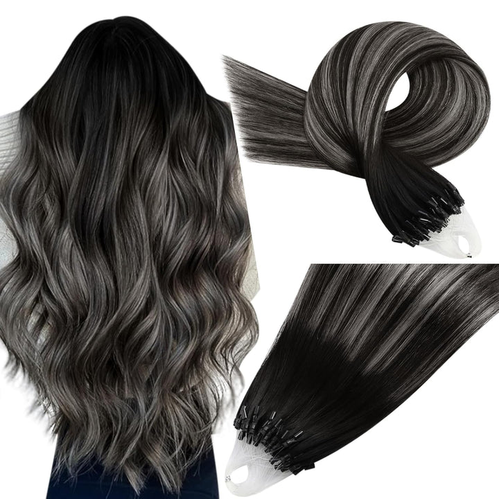 Easyouth Balayage Microring Extensions Echthaar Microring Extensions Off Black Mix Silber und Off Bl