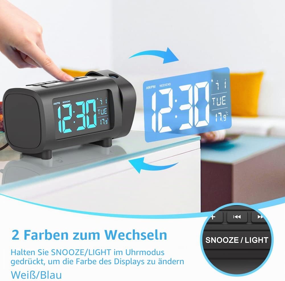 LIORQUE Projektionswecker Radiowecker Digital Wecker mit Radio Snooze Wochenendmodus Temperatur USB