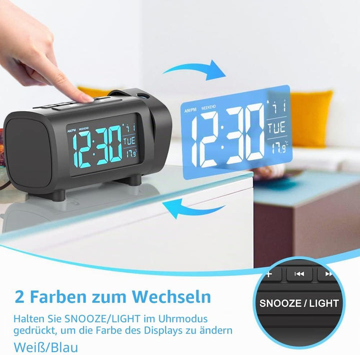 LIORQUE Projektionswecker Radiowecker Digital Wecker mit Radio Snooze Wochenendmodus Temperatur USB