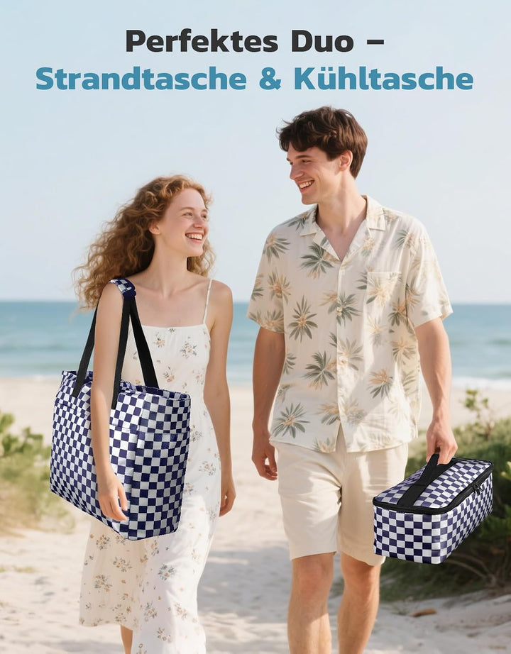 ISEYOU Strandtasche XXL Familie mit Kühltasche, Gross Strandtasche mit Reissverschluss Wasserdicht S