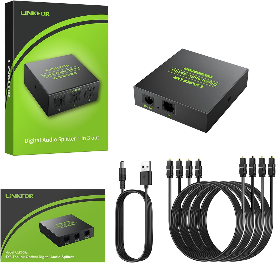 LiNKFOR Toslink Splitter 1x3 Optischer Splitter Digitaler Audio Splitter mit 3 Anschlüssen SPDIF Alu