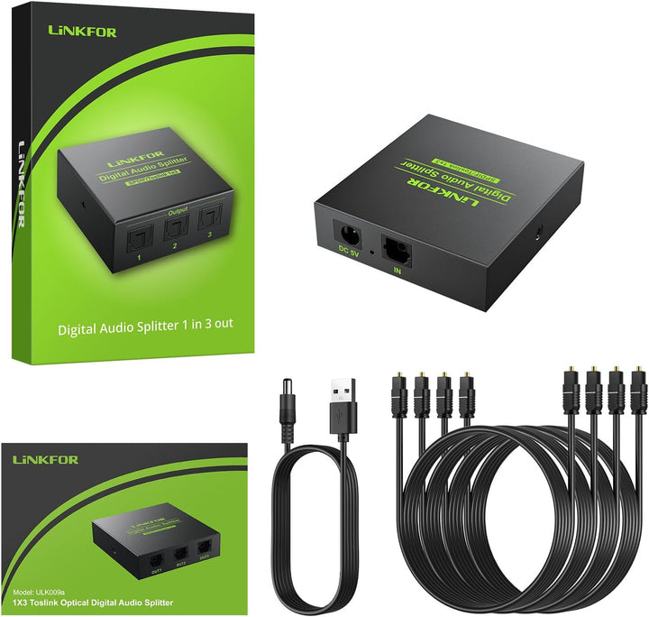 LiNKFOR Toslink Splitter 1x3 Optischer Splitter Digitaler Audio Splitter mit 3 Anschlüssen SPDIF Alu