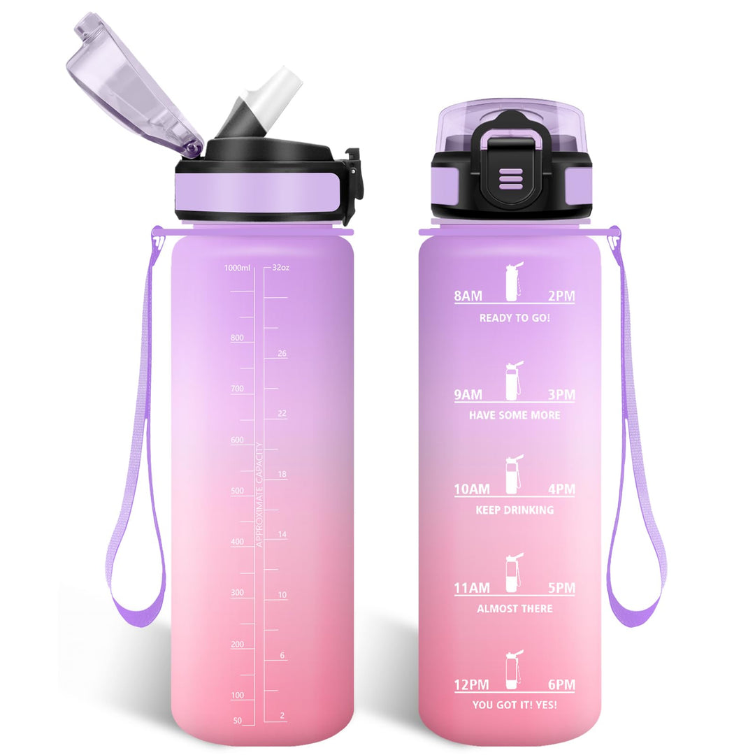 HoneyHolly Trinkflasche 1L mit Strohhalm, Trinkflasche Kohlensäure Geeignet, Wasserflasche Sport mit