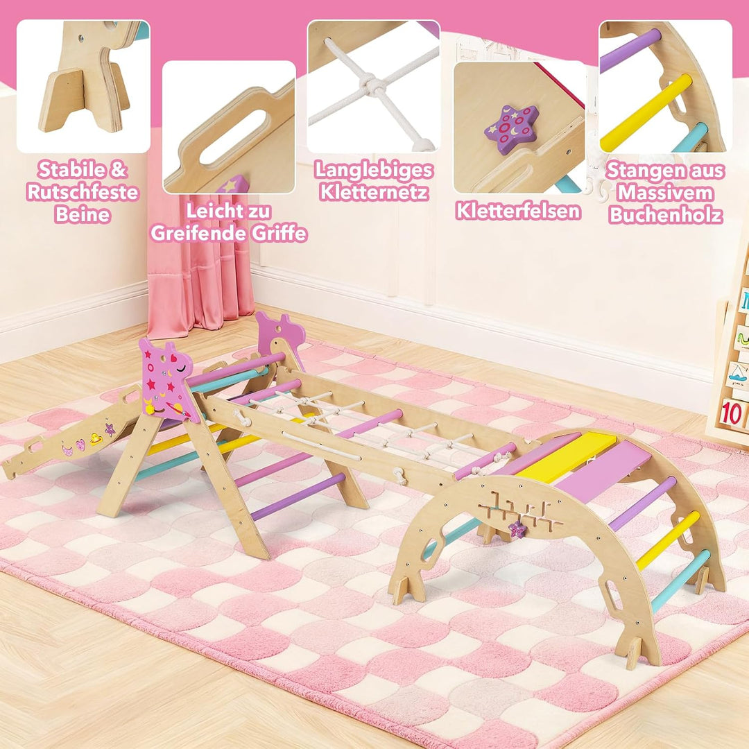 DREAMADE 9-in-1 Montessori Kletterdreieck Set, Kletterbogen aus Holz mit Netz für Kleinkinder ab 1 J