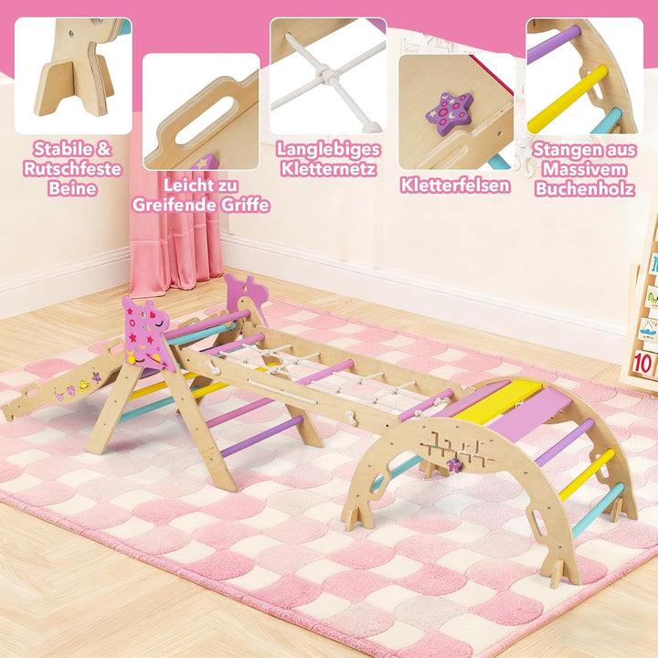 DREAMADE 9-in-1 Montessori Kletterdreieck Set, Kletterbogen aus Holz mit Netz für Kleinkinder ab 1 J