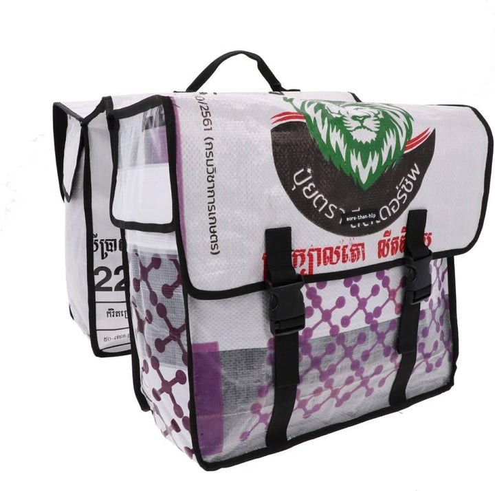 Doppelte Fahrradtasche aus recycelten Zementsäcken - Mumba Löwe-37 × 35 × 15 cm Weiss, Weiss