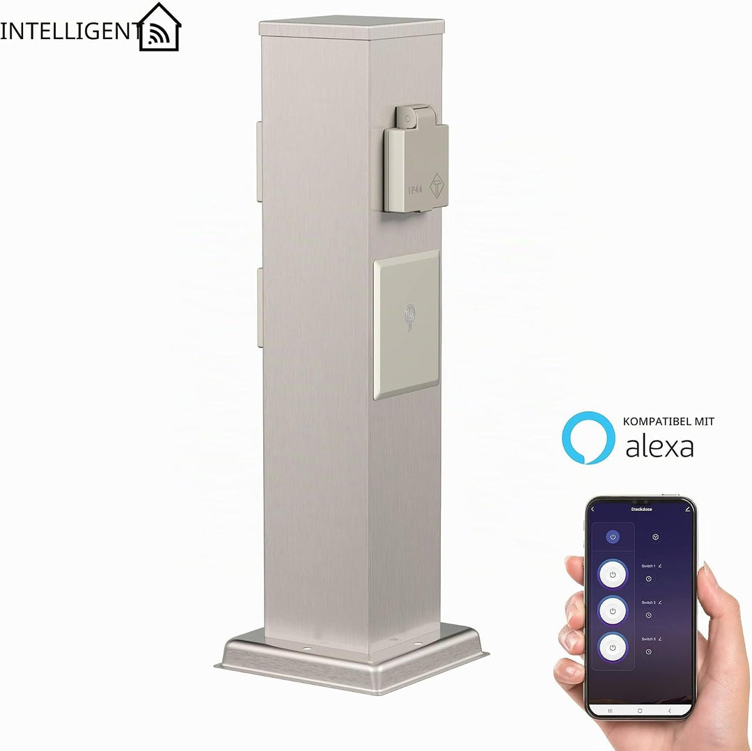 ledscom.de 3X Garten Steckdosensäule Polly für aussen, IP44, Smart Home, WLAN, Alexa, 3-Fach, Edelst