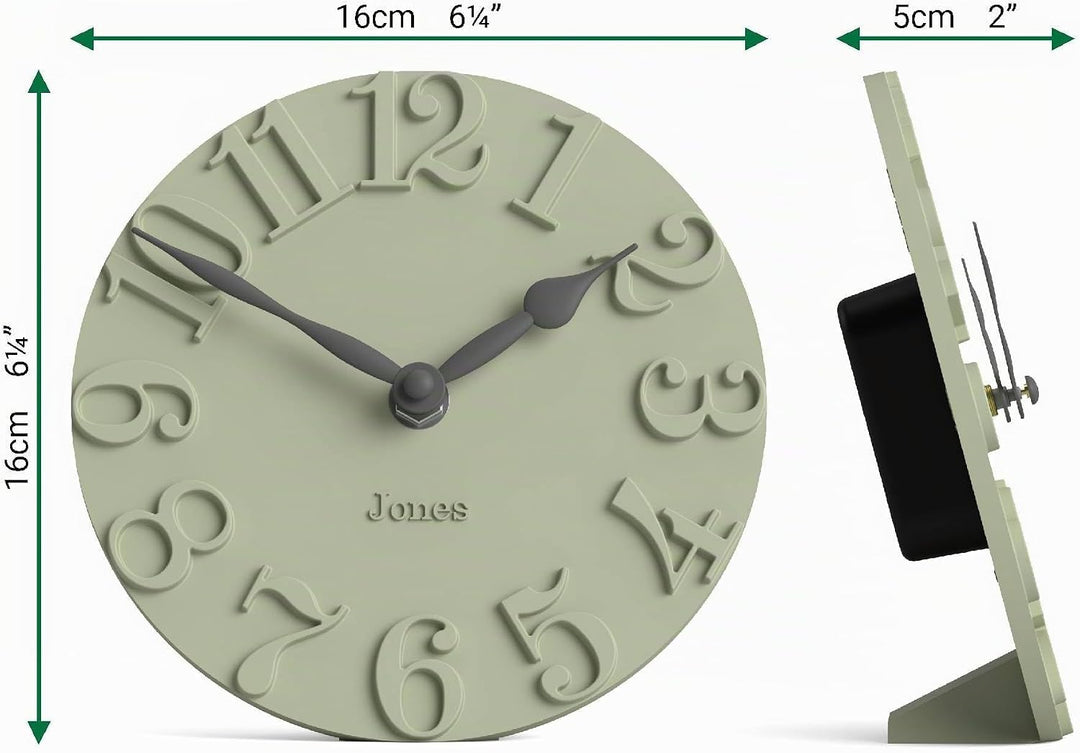 JONES CLOCKS® Hampstead Schreibtischuhr | Freistehend | Salbeigrün | Elegante erhöhte, geformte ziff