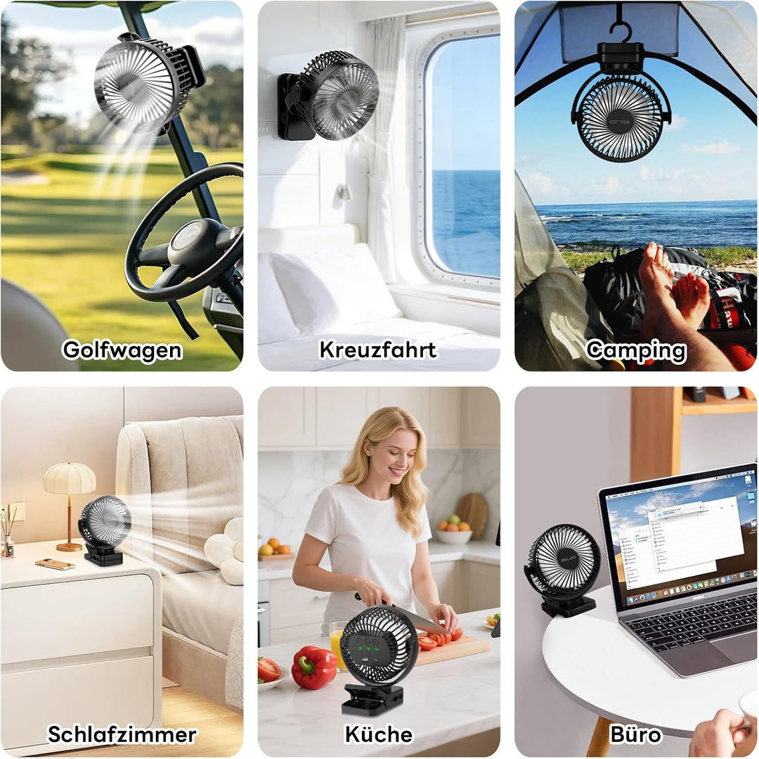 ELZO 12000mAh Campingventilator, USB-Tischventilator mit LED-Licht, Aufhängehaken und Magnetverschlu