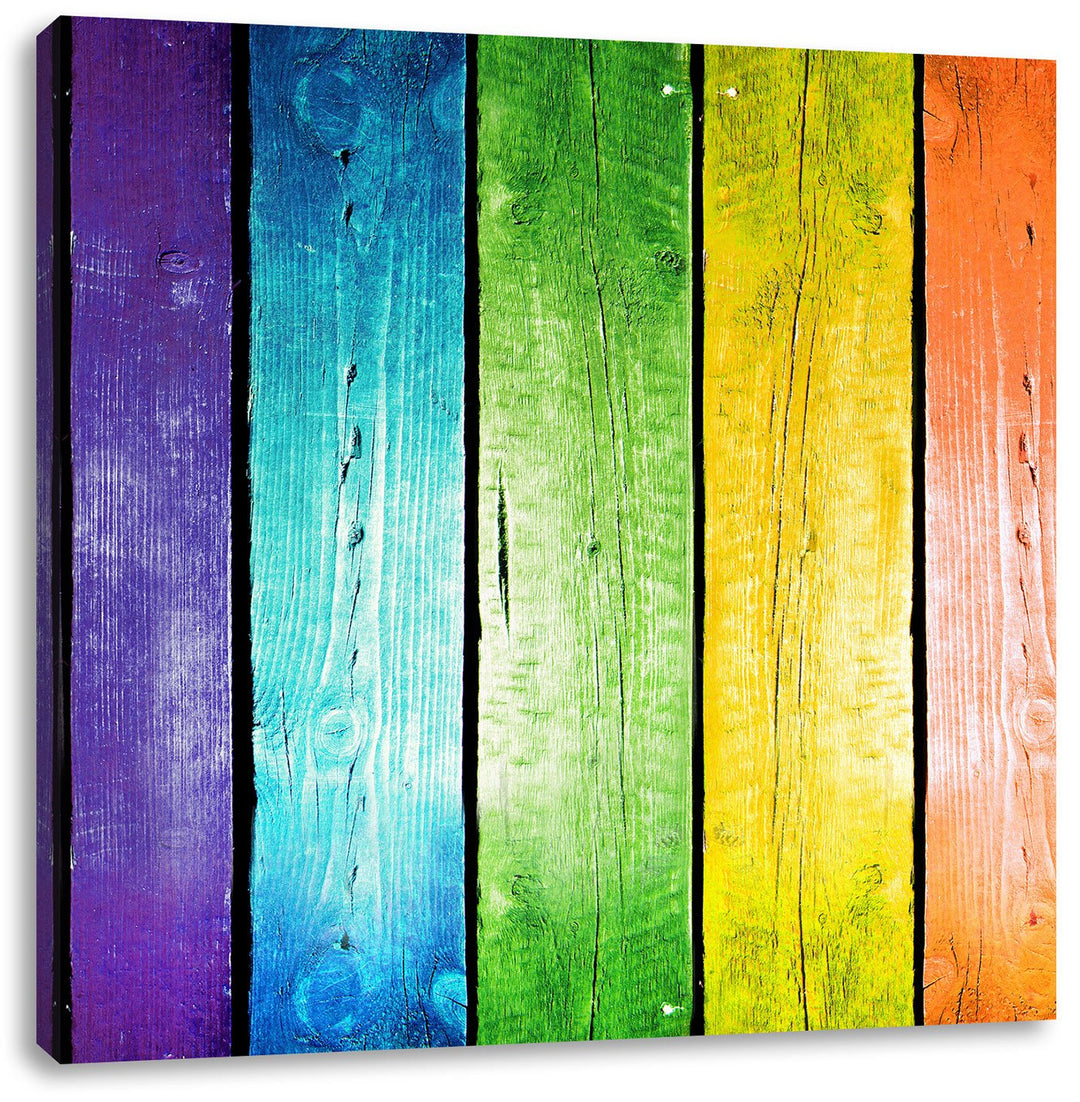 Bunte Zaunslatten, Format: 70x70 auf Leinwand, XXL riesige Bilder fertig gerahmt mit Keilrahmen, Kun