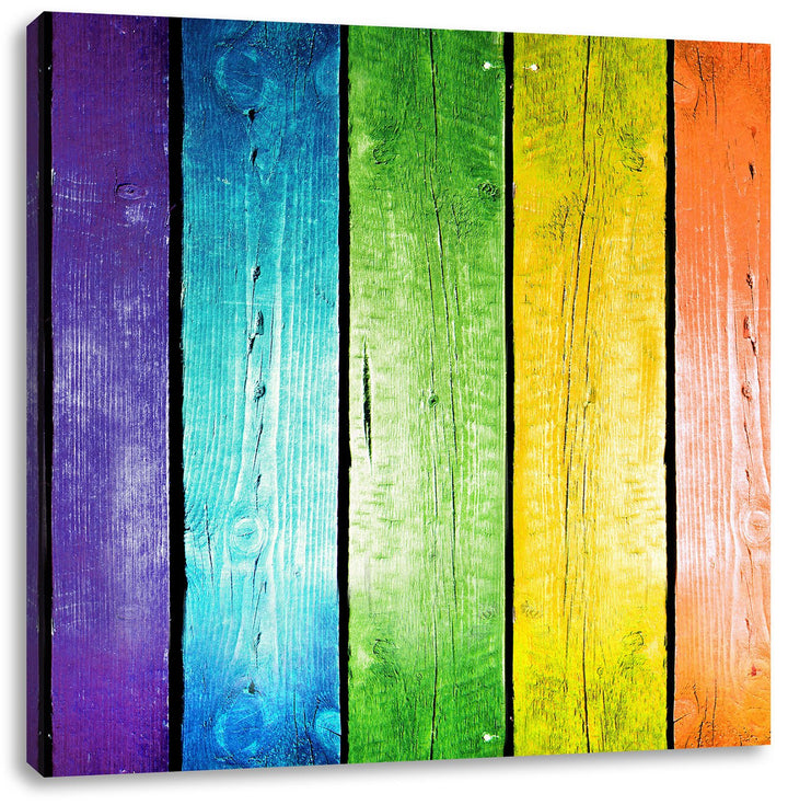 Bunte Zaunslatten, Format: 70x70 auf Leinwand, XXL riesige Bilder fertig gerahmt mit Keilrahmen, Kun