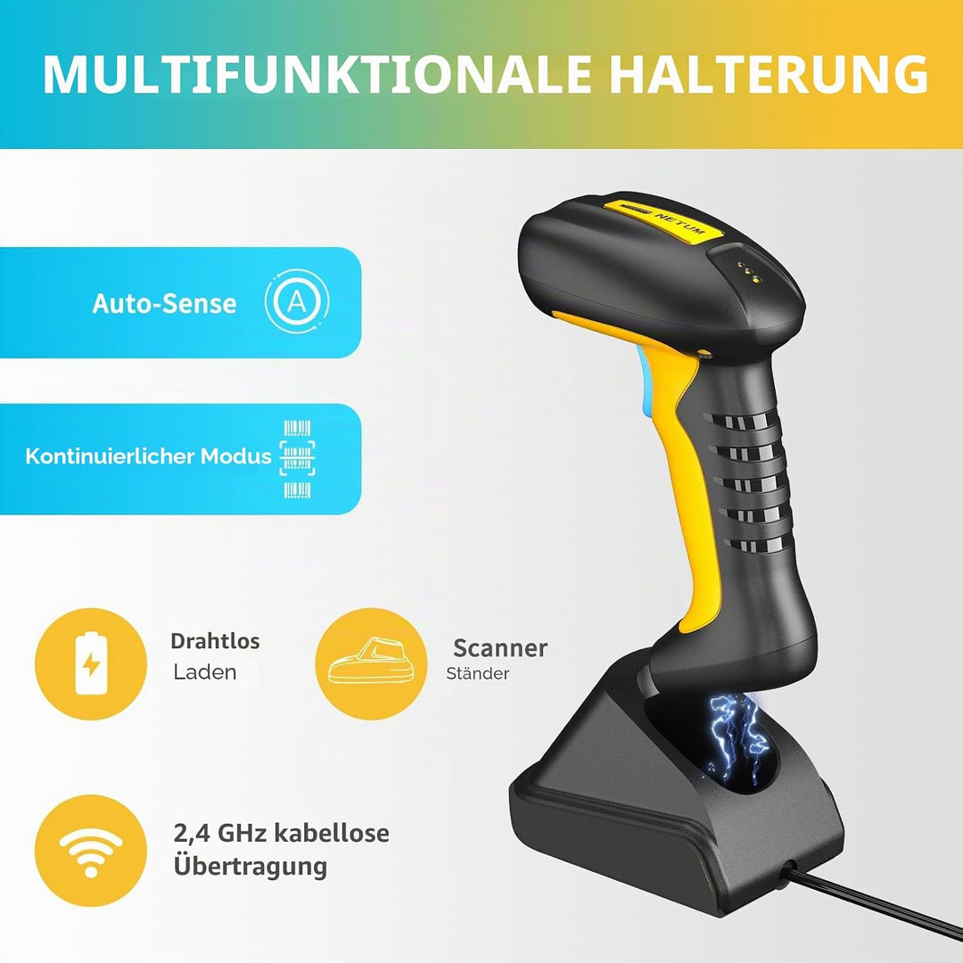 NETUM Verbesserter QR Industrie Bluetooth Barcode Scanner mit Ladestation, kabelloser 2D-1D-Barcode-
