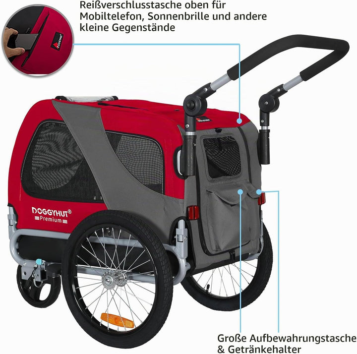 DOGGYHUT® Premium MEDIUM Hundefahrradanhänger &amp; Jogger 2in1 Fahrradanhänger 80104 (Rot)