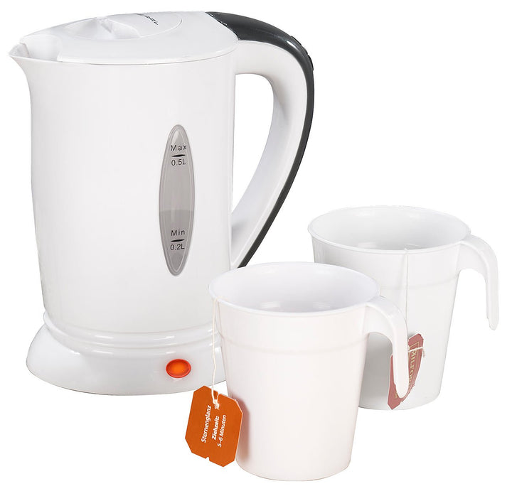 PEARL Reisewasserkocher klein: Reise-Wasserkocher mit 2 Bechern, 110/230 Volt, 650 Watt, 500 ml (Min