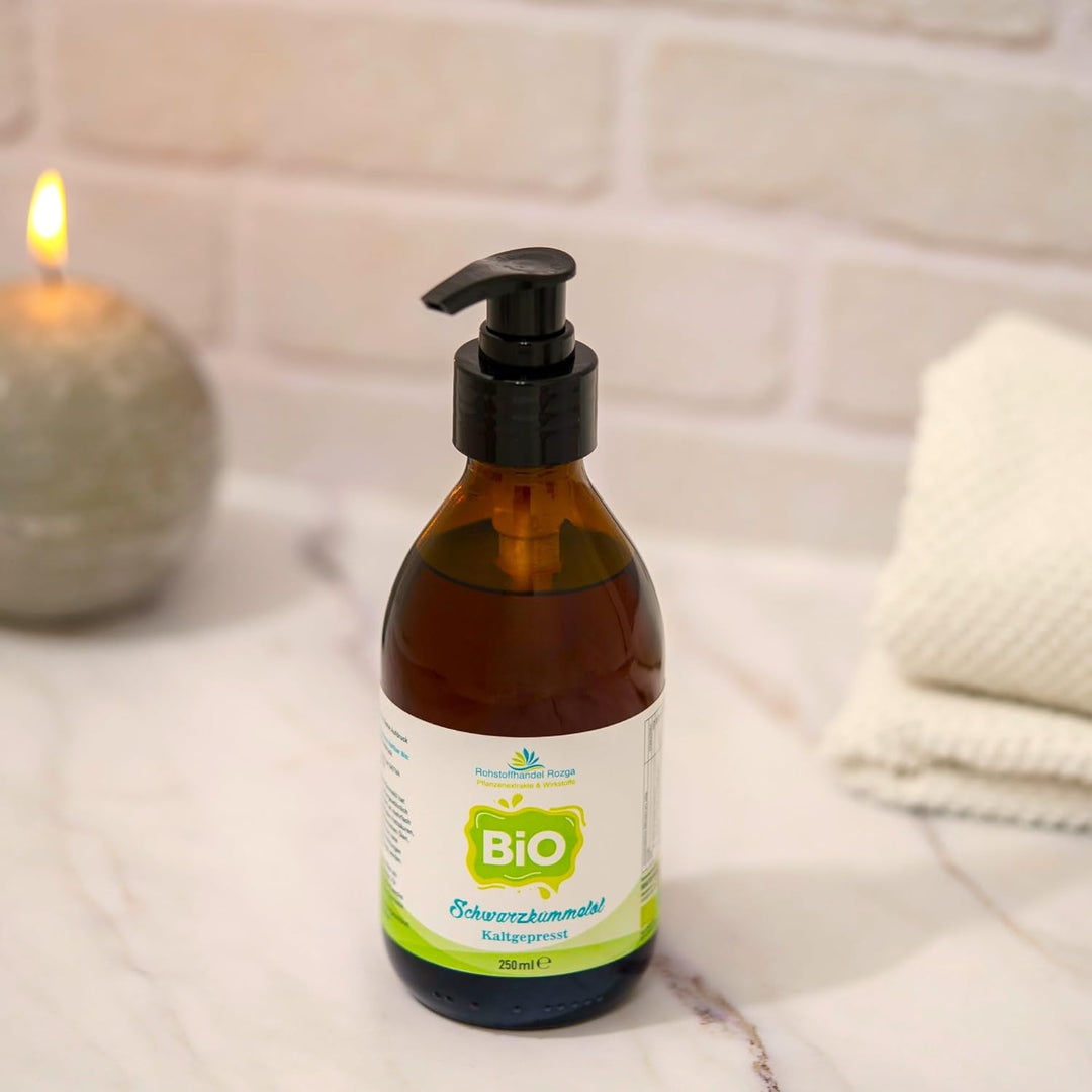 Nachtkerzenöl BIO und rein 250 ml kaltgepresst inkl. Dosierpumpe in GLASFLASCHE