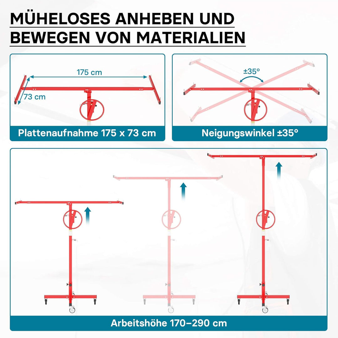 Montagehilfe für Gipskartonplatten Plattenheber für Trockenbau max. 40kg höhenverstellbar 170-290cm