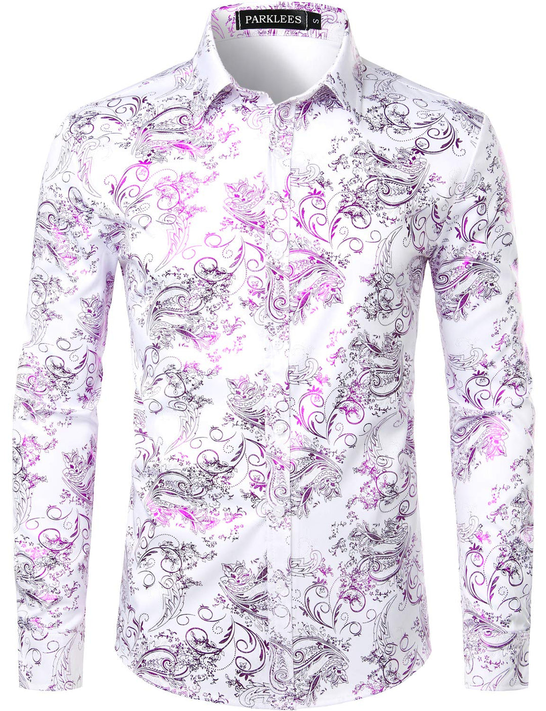 PARKLEES Herren Luxus Paisley Gemustert Golden Glänzend Slim Fit Freizeithemd L Weiss Lila, L Weiss