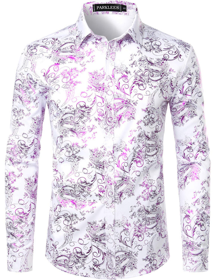 PARKLEES Herren Luxus Paisley Gemustert Golden Glänzend Slim Fit Freizeithemd L Weiss Lila, L Weiss