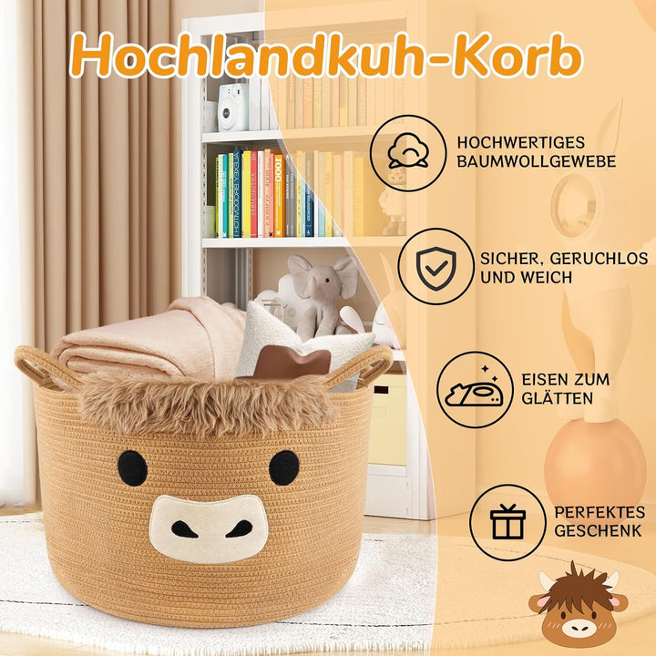Aufbewahrungskorb - Highland Cow Korb Geflochten,Niedlich Kuh Geschenkkorb mit Griffe,Highland Cow A