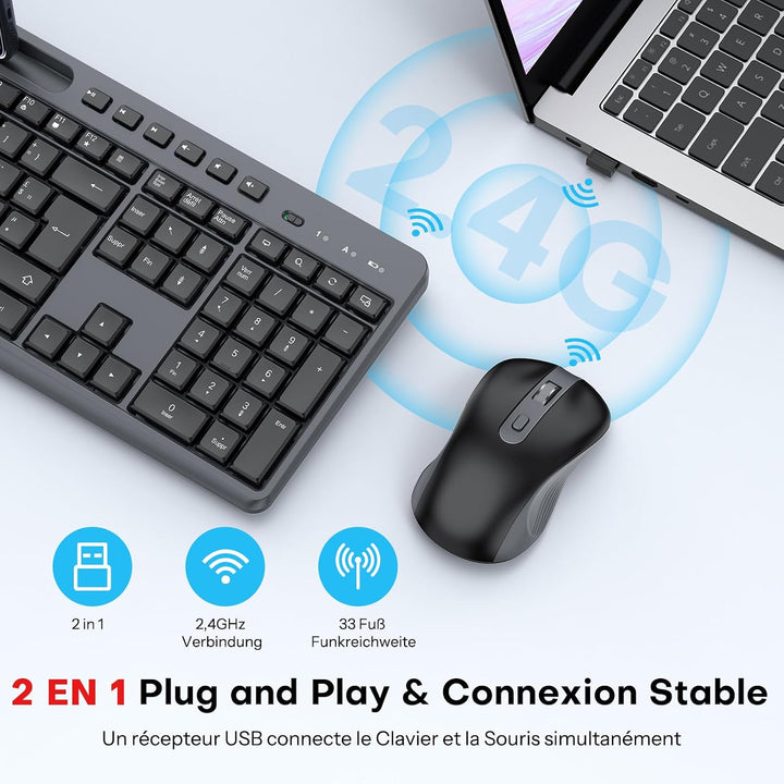 Kabelloses Tastatur-Maus-Set für Windows,OMOTON vollformatige Tastatur für PC/Laptop/Computer mit 2,